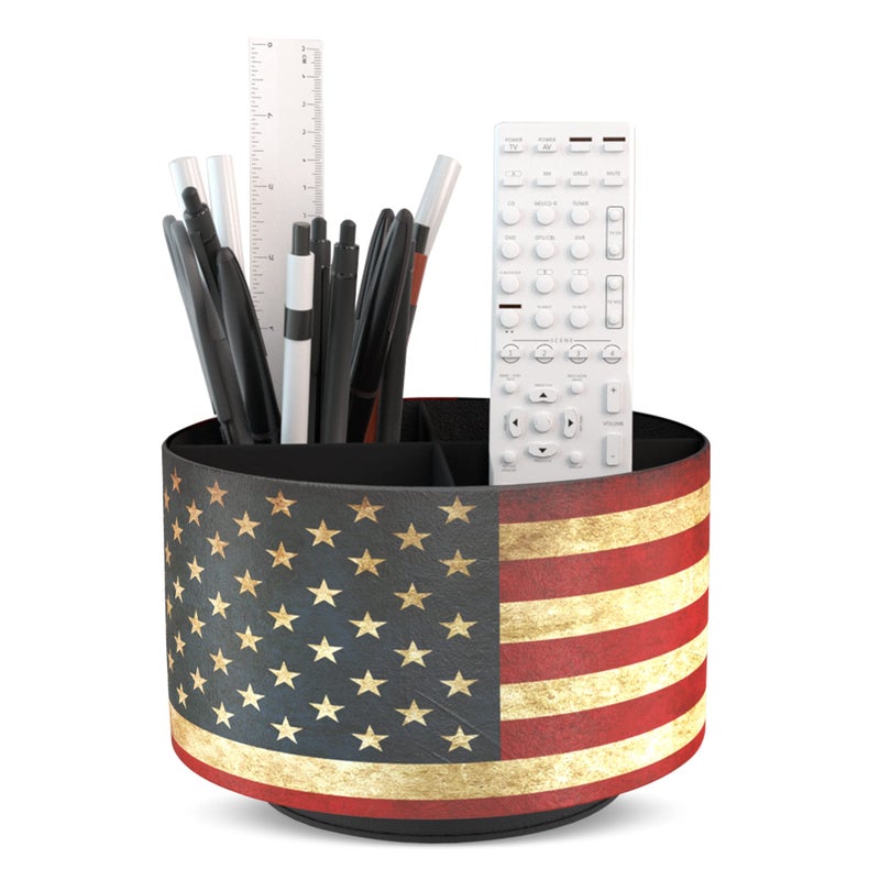 Hennaja Round Leather Art Supply Organizer Remote Control Holder 360 Degree Rotating Multi-Functional Pencil Holder 4 Compartments Desktop Stationary Organizer(1-American Flag) - Image 1